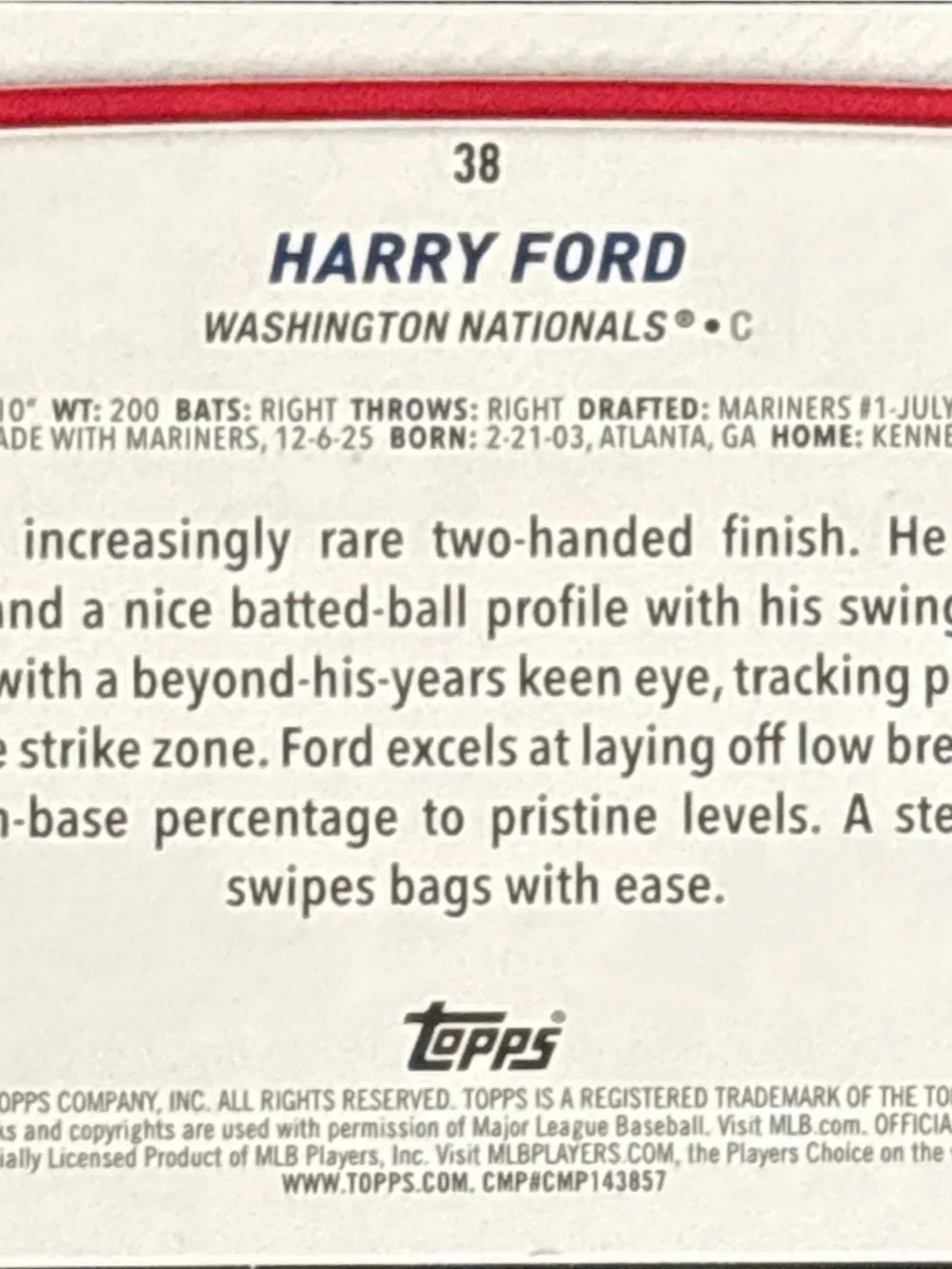 Topps Washington Nationals Harry Ford Rookie Baseball Trading Card